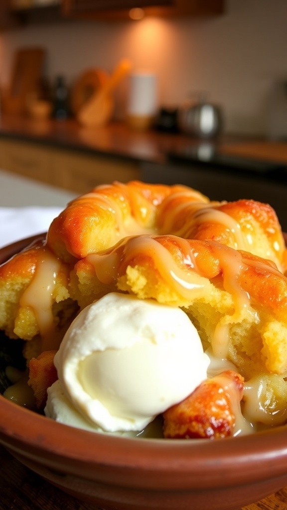 A bowl of Krispy Kreme doughnut bread pudding topped with glaze and a scoop of vanilla ice cream.